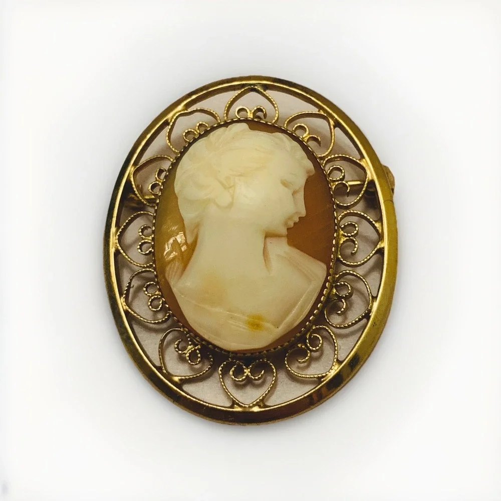 VTG Cameo Relief Pin Brooch Regency Signed Catamore 12K GF Yellow Gold Filled